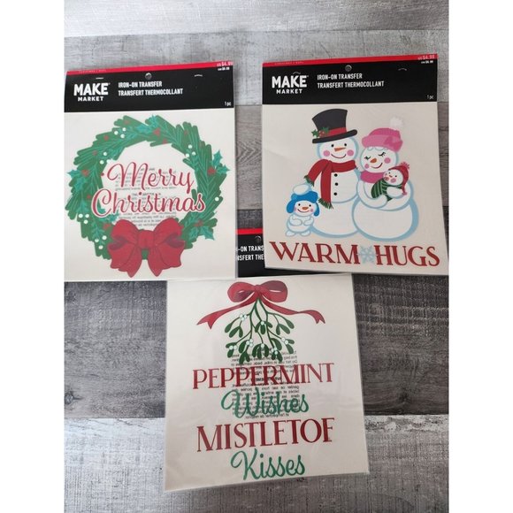 Christmas Iron-on Transfers - LOT - Snowman Wreath + - Green Plaid - DIY Crafts - Picture 1 of 5